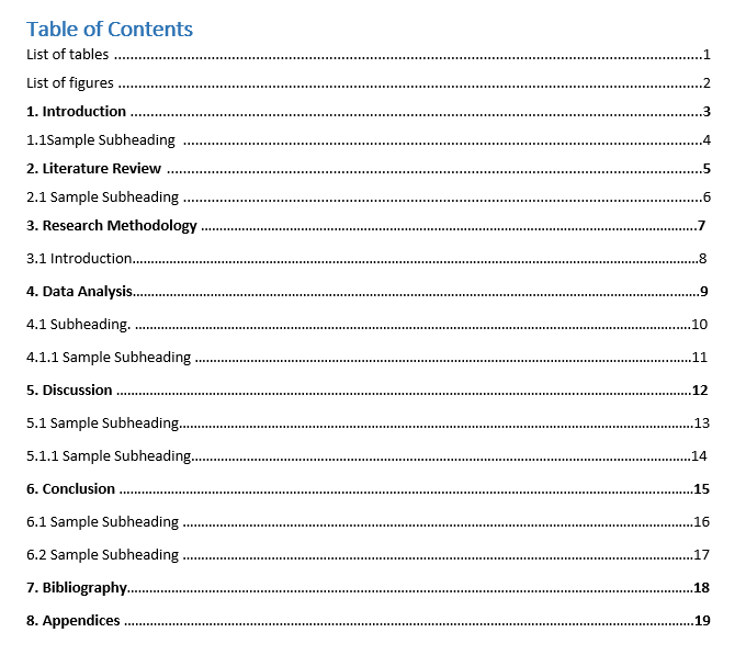 table of contents in thesis in word