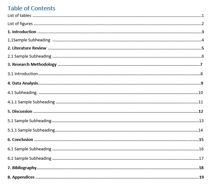 how to make table of contents in research proposal